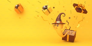 Fantasma bonito dos desenhos animados usando chapéu de bruxa, confete e caixa de presente no fundo laranja, área de texto do espaço de cópia. Design conceito criativo de feriado de celebração de halloween feliz. Ilustração de renderização 3D.