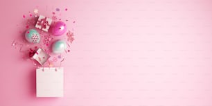 Winter abstraktes Design kreatives Konzept, Einkaufstasche, Geschenkbox, Ballon, Schnee Symbol Konfetti Glitzer Streuung auf rosa Hintergrund. Kopieren Sie den Leerzeichentext. 3D-Rendering-Illustration.