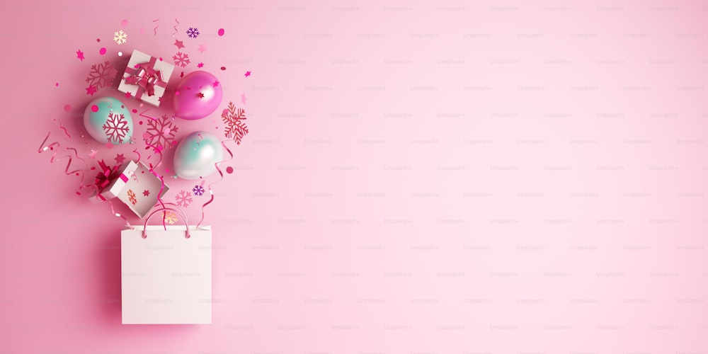 Concept créatif de design abstrait d’hiver, sac à provisions, coffret cadeau, ballon, icône de neige confettis paillettes dispersées sur fond rose. Copiez le texte de l’espace. Illustration de rendu 3D.