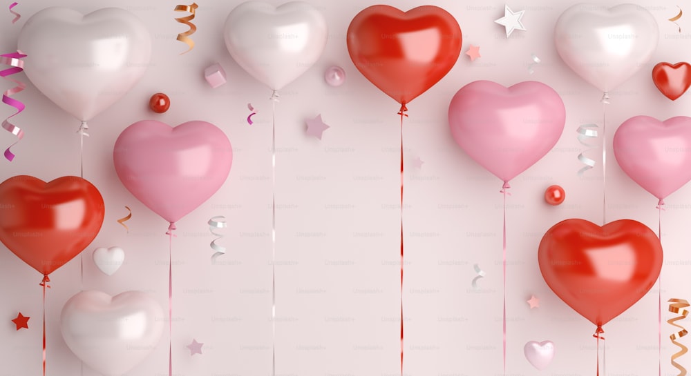 Happy valentines day decoration with heart shape balloon, confetti, copy space text, 3D rendering illustration