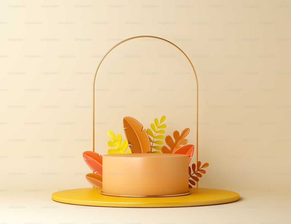 주황색 잎이 있는 가을 원형 연단 장식 배경, 제품 디스플레이 모형, 3d 렌더링 그림