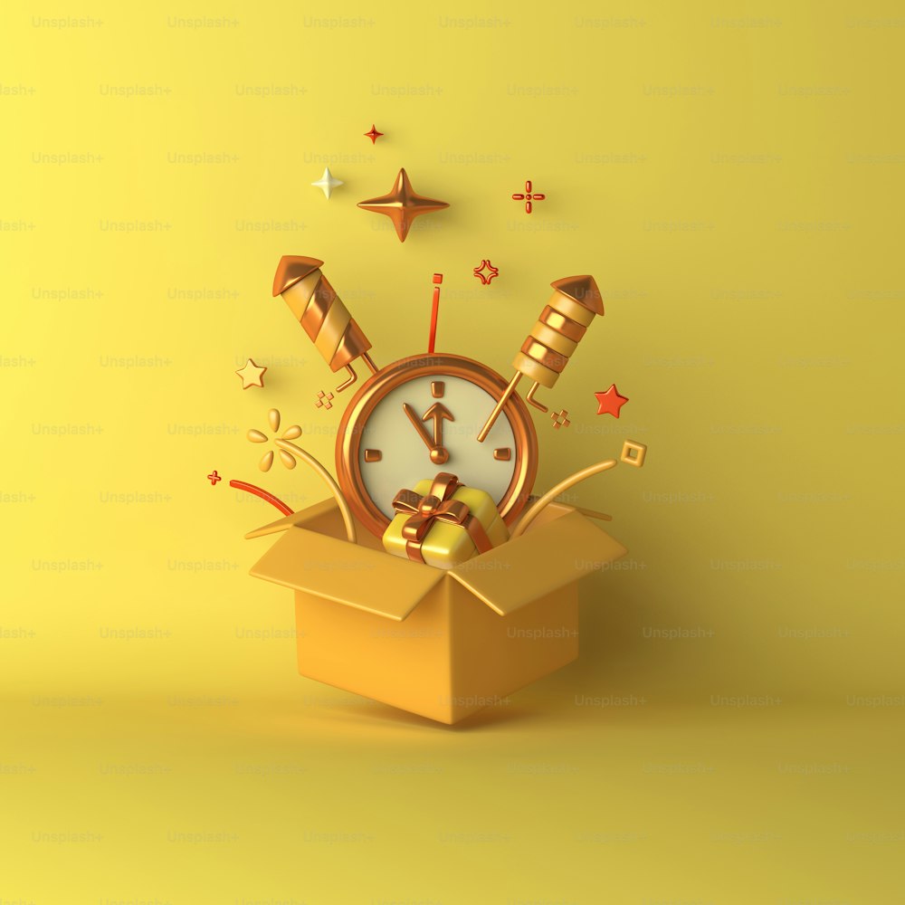 Feliz año nuevo 2022 fondo de decoración con fuego artificial reloj cohete abierto caja confeti, ilustración de renderizado 3D