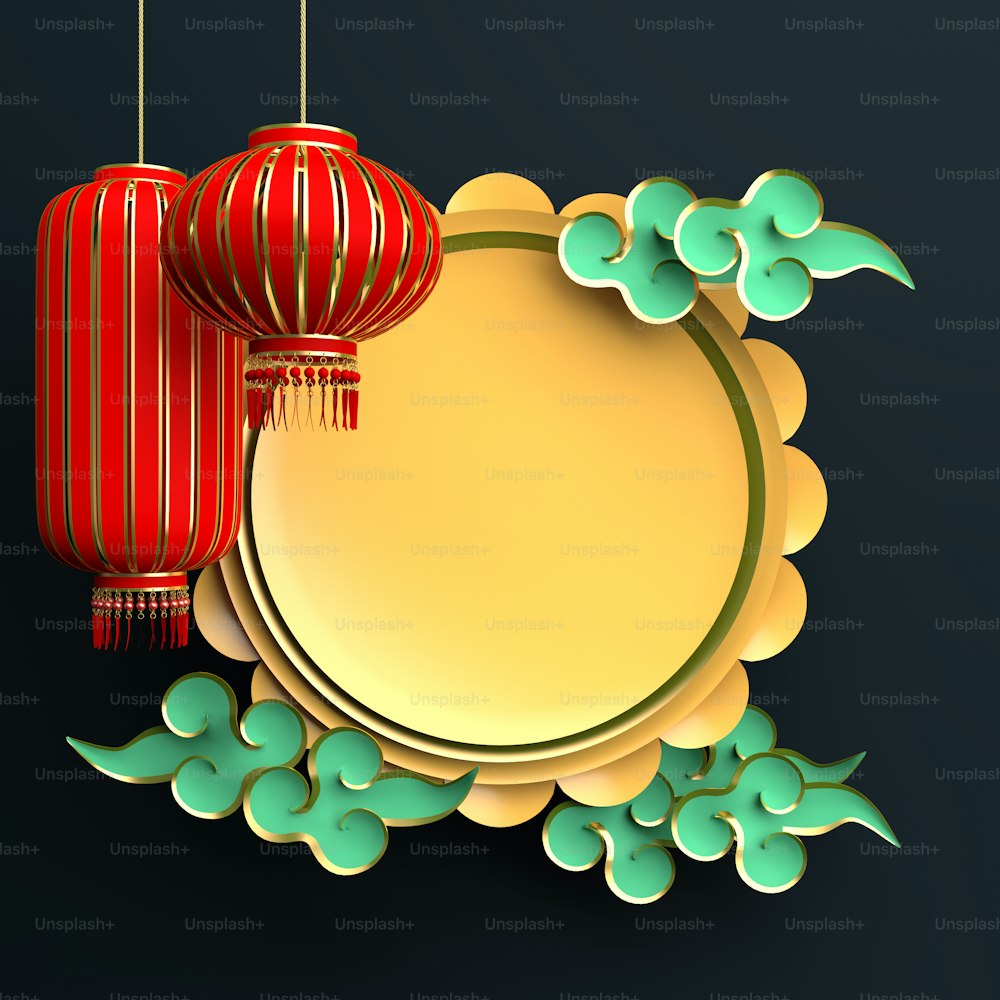 Red and gold traditional Chinese lanterns lampion, moon cake and paper cut cloud. Design creative concept of chinese festival celebration mid autumn, gong xi fa cai. 3D rendering illustration.
