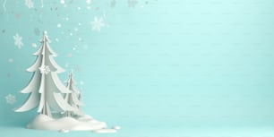 Winter abstraktes Hintergrunddesign kreatives Konzept, Schnee-Symbol, Kiefer, Fichte, Tannenbaum Kunst Papier geschnitten Origami mit blauem Pastellhimmel. Textbereich kopieren. 3D-Rendering-Illustration.