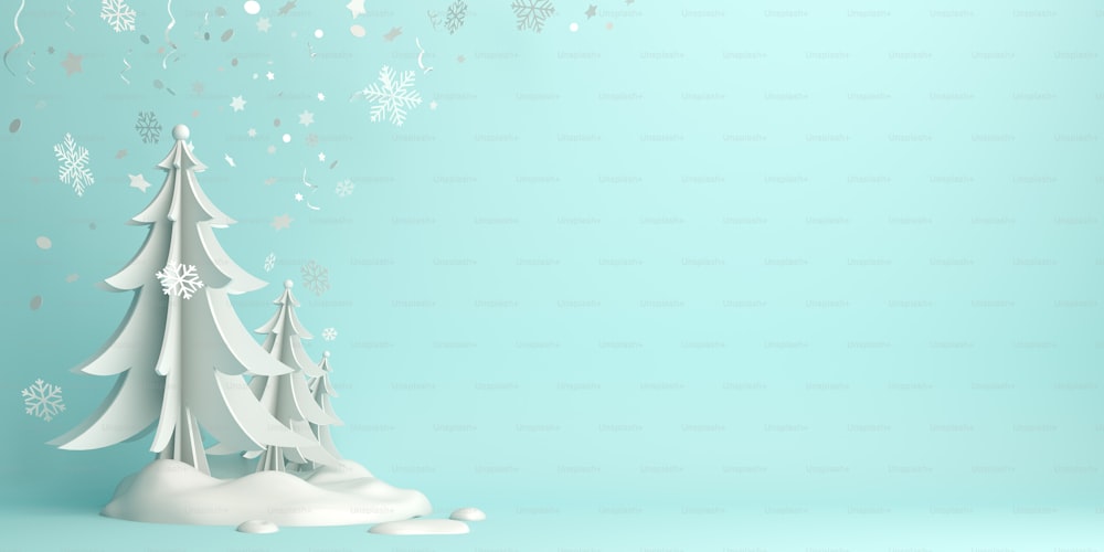 Winter abstract background design creative concept, snow icon, pine, spruce, fir tree art paper cut origami with blue pastel sky. Copy space text area. 3D rendering illustration.