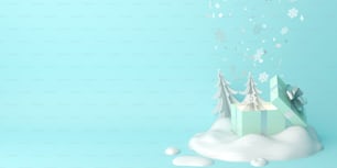 Concepto creativo de diseño de fondo abstracto de invierno, caja de regalo, icono de nieve, pino, abeto, papel de papel de abeto cortado origami con fondo de menta verde. Copiar espacio de texto de área. Ilustración de renderizado 3D.