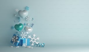 Fundo da decoração do inverno com balão da forma do coração, flocos de neve, caixa de presente, texto do espaço de cópia, ilustração de renderização 3D