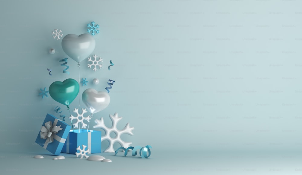 Winterdekoration Hintergrund mit herzförmigem Ballon, Schneeflocken, Geschenkbox, Text, 3D-Rendering-Illustration