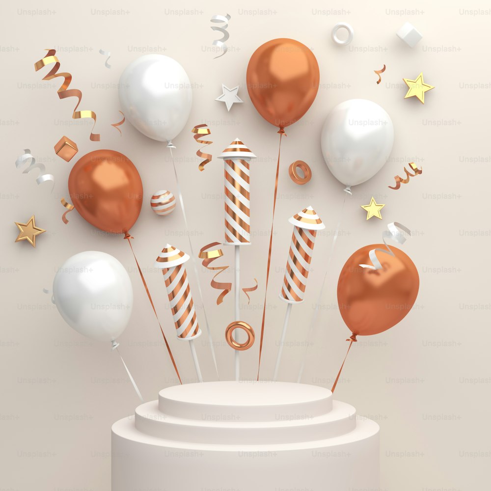 Happy new year 2021 podium mockup with firework rocket, balloon, ribbon, 3D rendering illustration