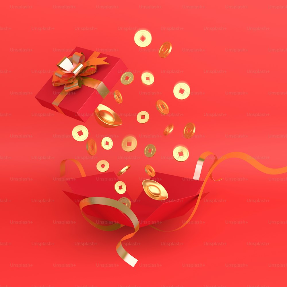 Feliz decoración de año nuevo chino con caja de regalo roja abierta, sistema de oro chino Yuan Bao, moneda, lingote, texto de espacio de copia, ilustración de representación 3D