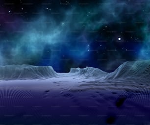 3D render of an abstract wireframe landscape against space sky