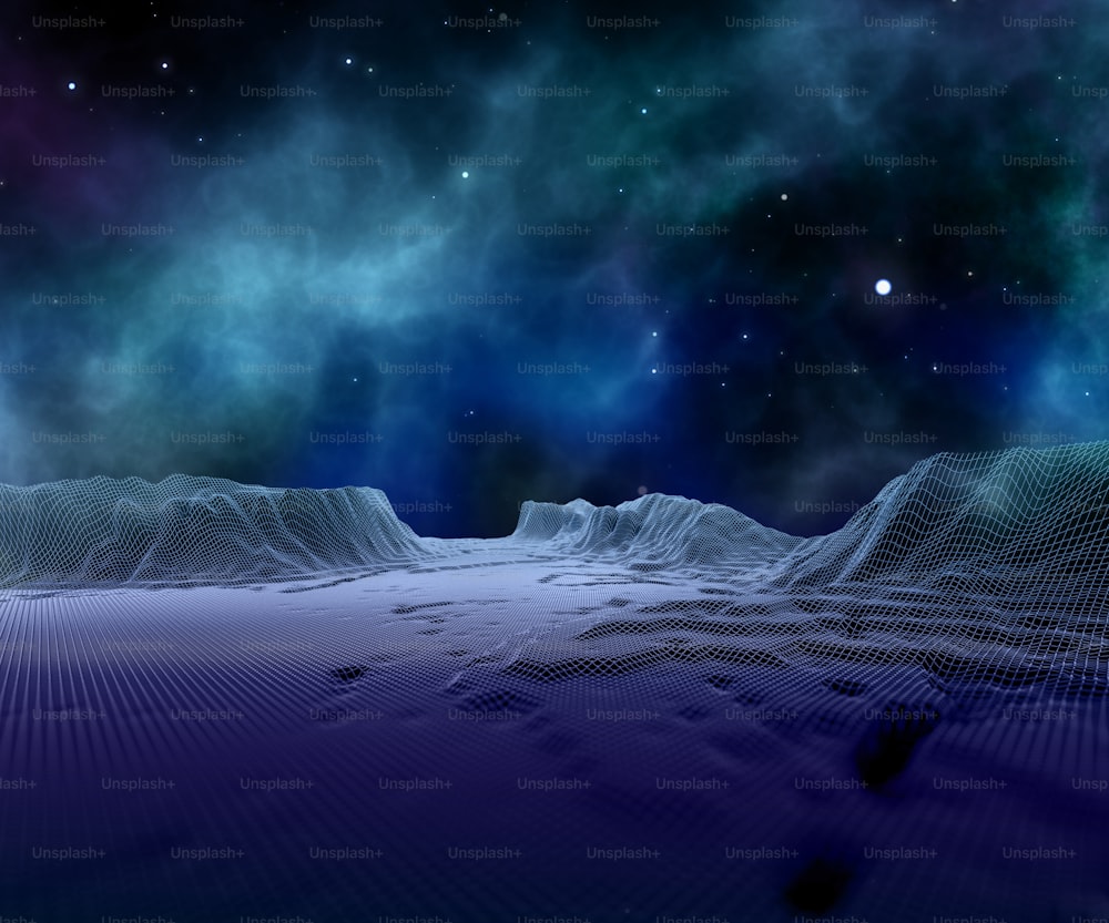 3D render of an abstract wireframe landscape against space sky
