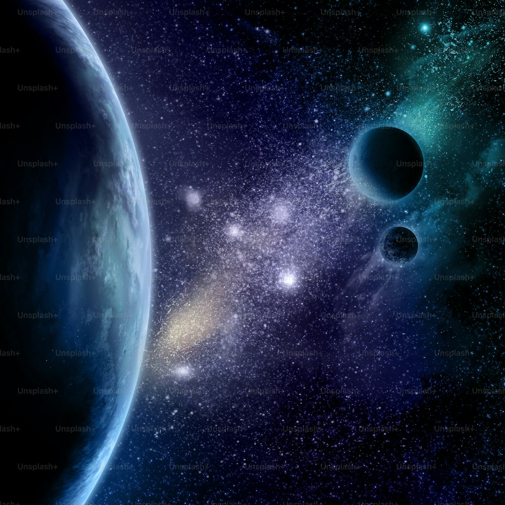 抽象的な空間背景に星、星原、架空の惑星