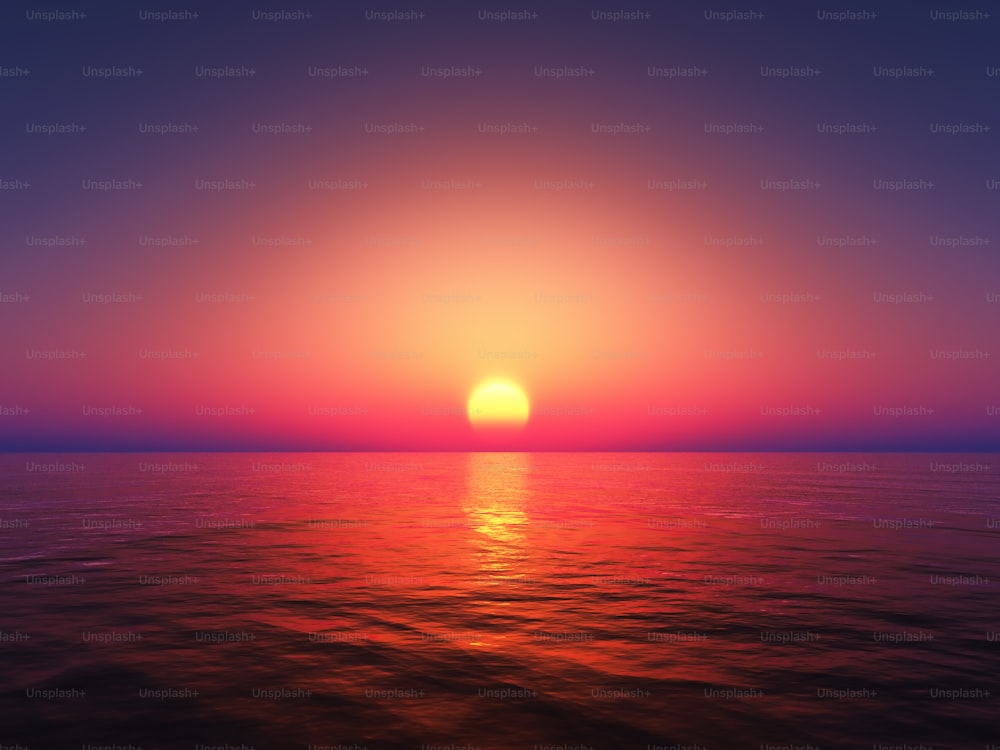Rendu 3D de l’océan sur un ciel de coucher de soleil