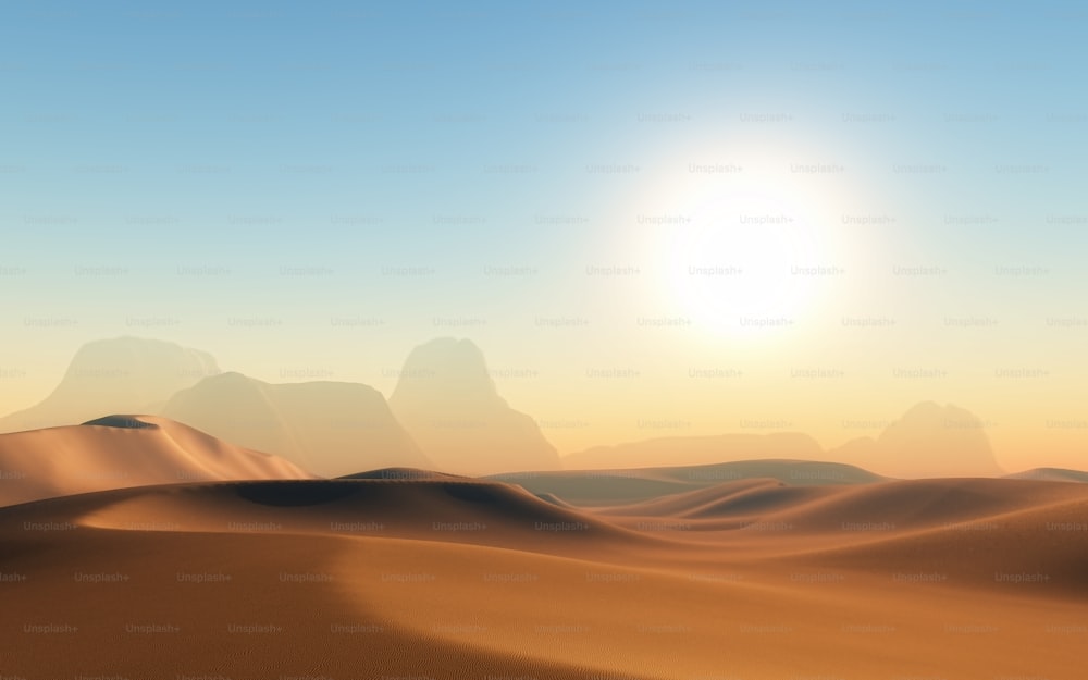 暑い砂浜の砂漠のシーンの3Dレンダリング