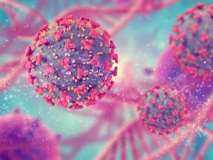 3D-Darstellung eines medizinischen Hintergrunds mit Covid-19-Viruszellen