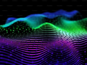 3D-Darstellung eines abstrakten Hintergrunds mit fließenden Linien und Partikeln