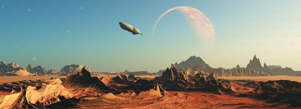 Rendering 3D di una scena spaziale immaginaria con un'astronave che vola verso un pianeta