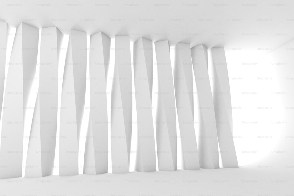 Abstract empty room with twisted columns, blank white interior background, 3d rendering illustration