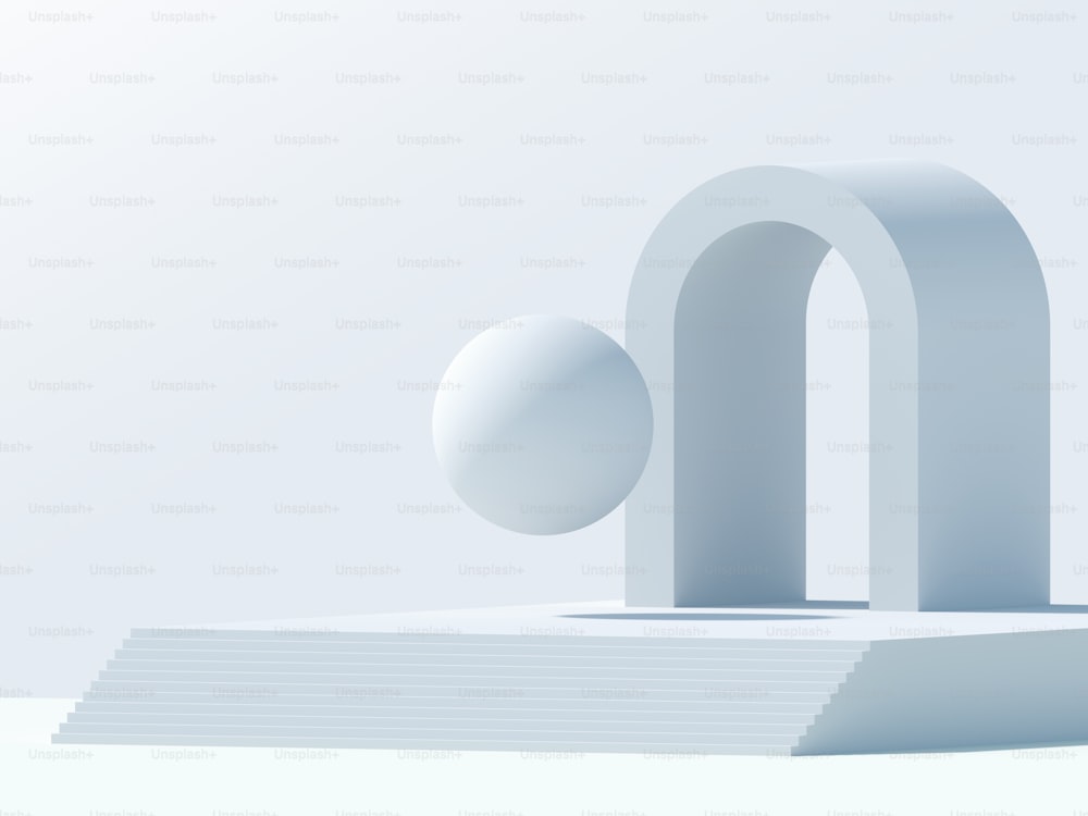 アーチ、飛行球、階段を備えた最小限の幾何学的な静物画インスタレーション。3Dレンダリングイラスト