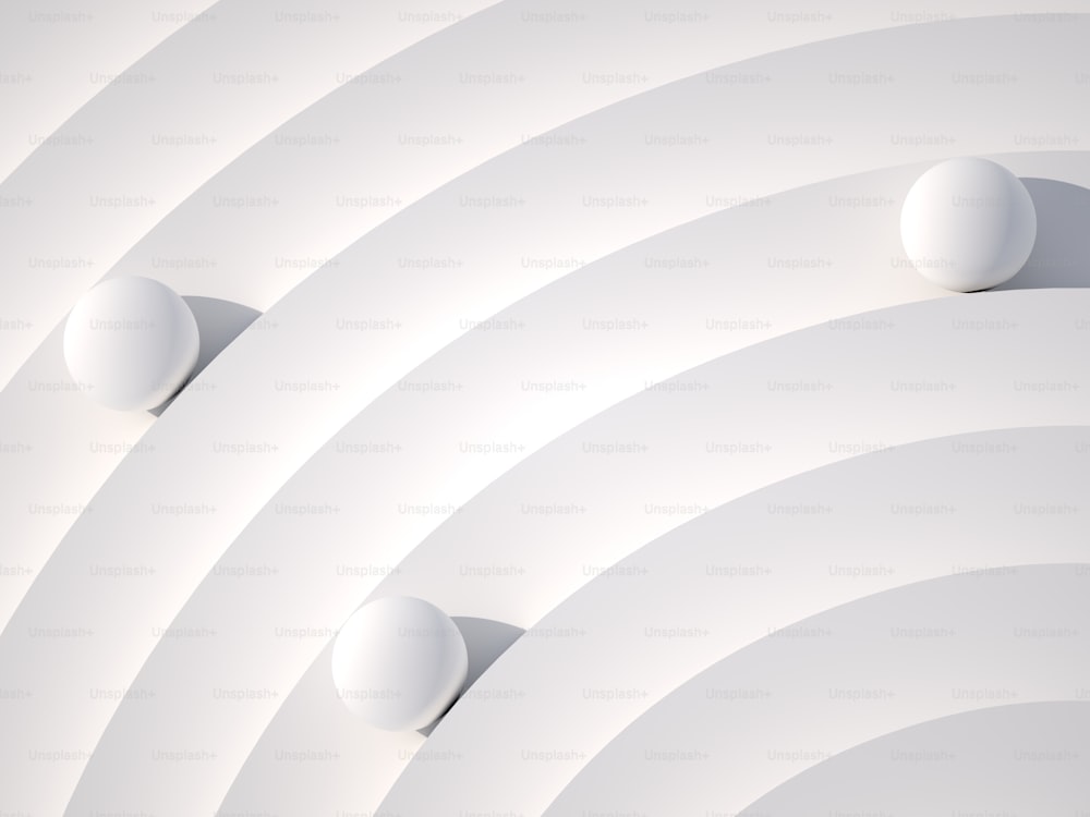 Fondo geométrico blanco abstracto, una instalación con tres bolas en una hélice, ilustración de representación 3D
