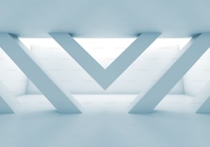 Sala blanca abstracta con instalación geométrica decorativa, fondo interior en blanco, ilustración 3D en tonos azules