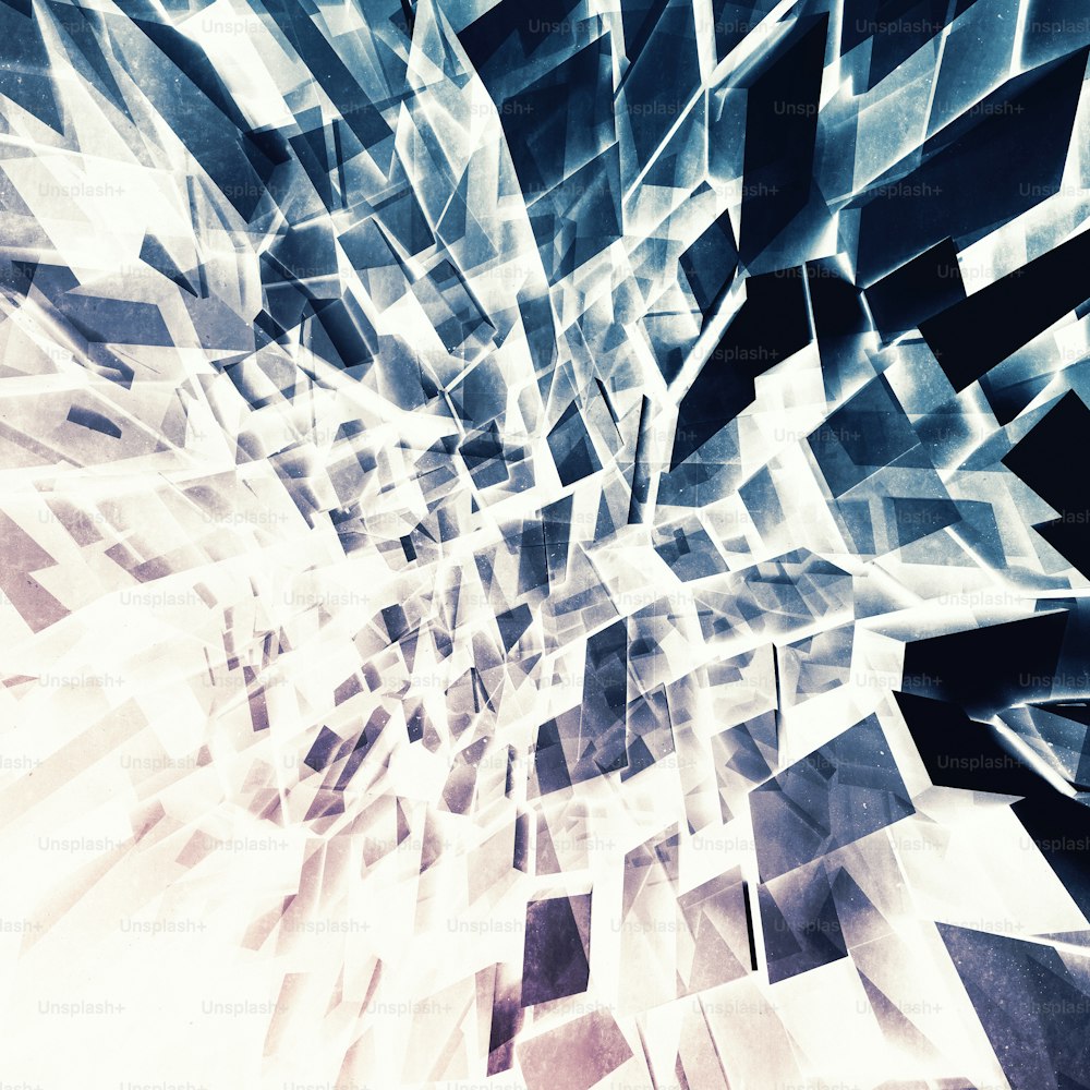 Abstrakter quadratischer digitaler Hintergrund, chaotischer bunt leuchtender polygonaler Fragmentmuster, 3D-Illustration