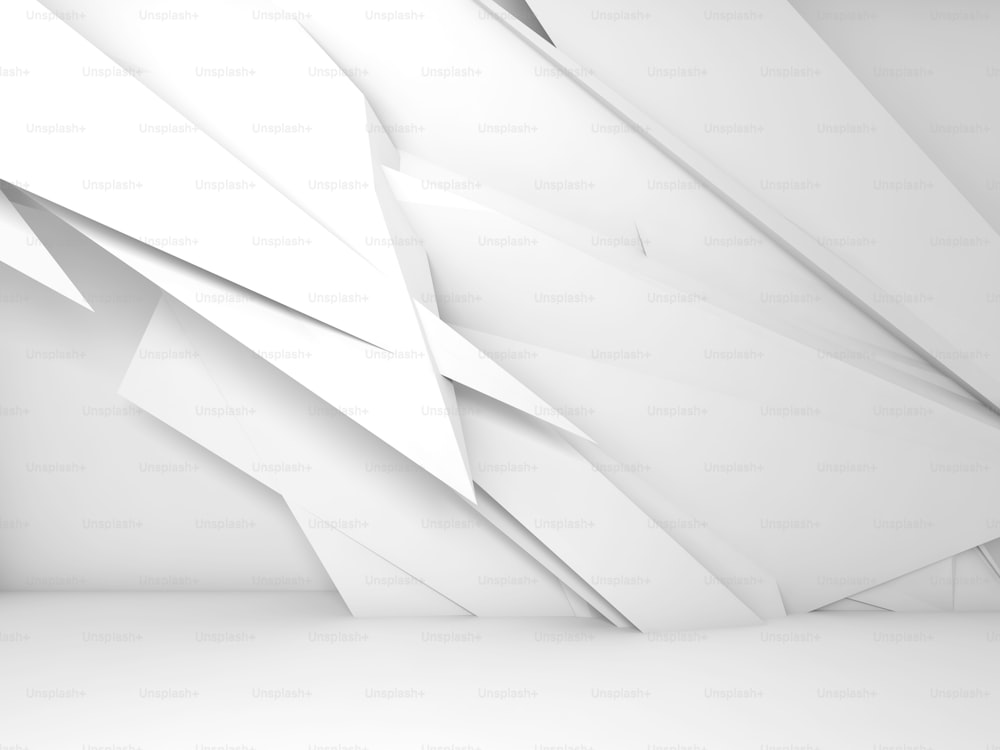 Abstract white interior background, chaotic polygonal decoration wallpaper on front wall, 3d render illustration