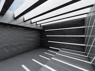 Interior oscuro vacío abstracto. Habitación con iluminación de techo y patrón rayado de sombras, ilustración 3D de fondo