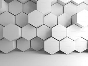 Fondo interior blanco abstracto con patrón hexagonal en la pared frontal, ilustración de renderizado 3D