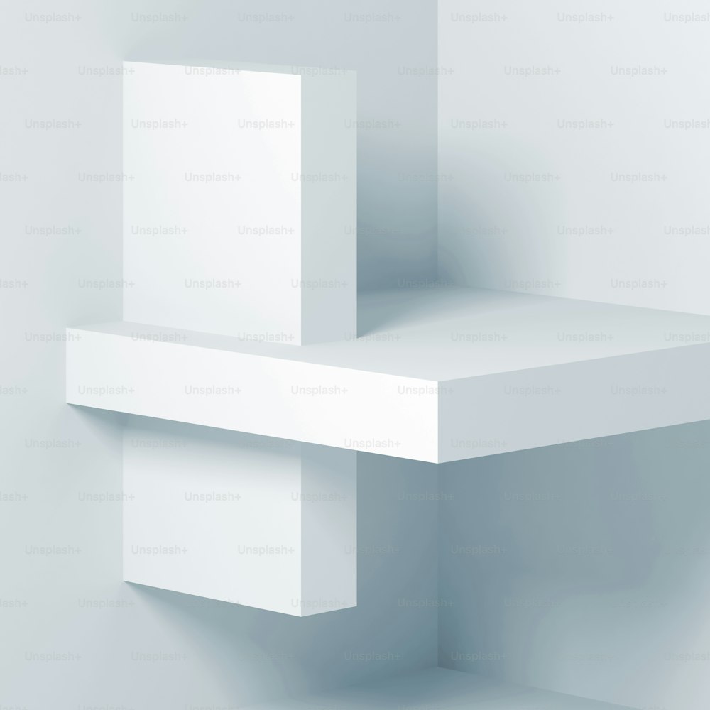 Abstract square digital background with white minimal installation in the corner. Light blue toned 3d render illustration