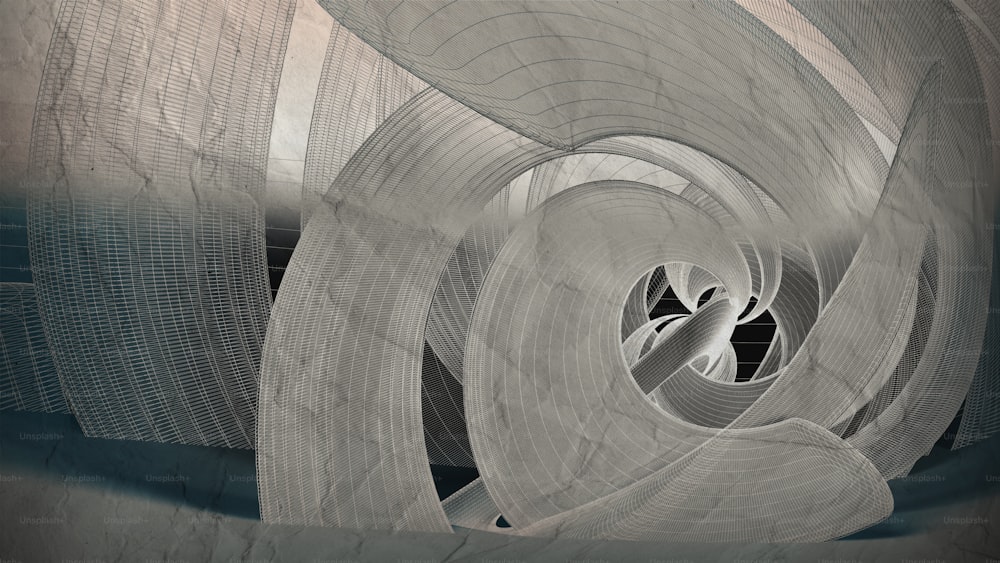 Progetto astratto, sfondo cgi con installazione a spirale wireframe su una vecchia carta, illustrazione di rendering 3d