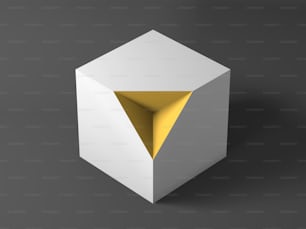 Objeto mínimo abstracto, instalación cgi, cubo blanco con sección en forma de pirámide amarilla. Ilustración de renderizado 3D
