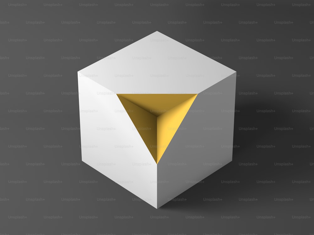 Abstraktes minimalistisches Objekt, CGI-Installation, weißer Würfel mit gelbem pyramidenförmigem Schnitt. 3D-Rendering-Illustration