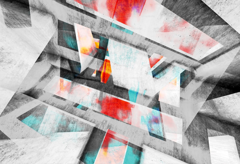 Abstract cgi background, intersected concrete structures and colorful splashes, digital  illustration with double exposure effect, 3d rendering illustration