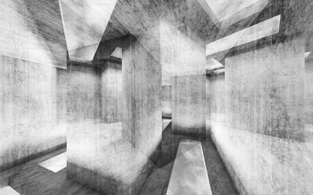 Fondo abstracto de hormigón, estructuras intersectadas, ilustración digital de técnica mixta con efecto de doble exposición, ilustración de renderizado 3D