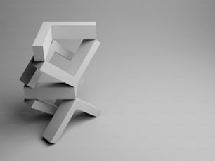 Abstrakte Gleichgewichts-Stillleben-Installation mit einem Turm aus balancierenden Ecken, der auf hellgrauem Hintergrund mit weichem Schatten steht. 3D-Rendering-Illustration