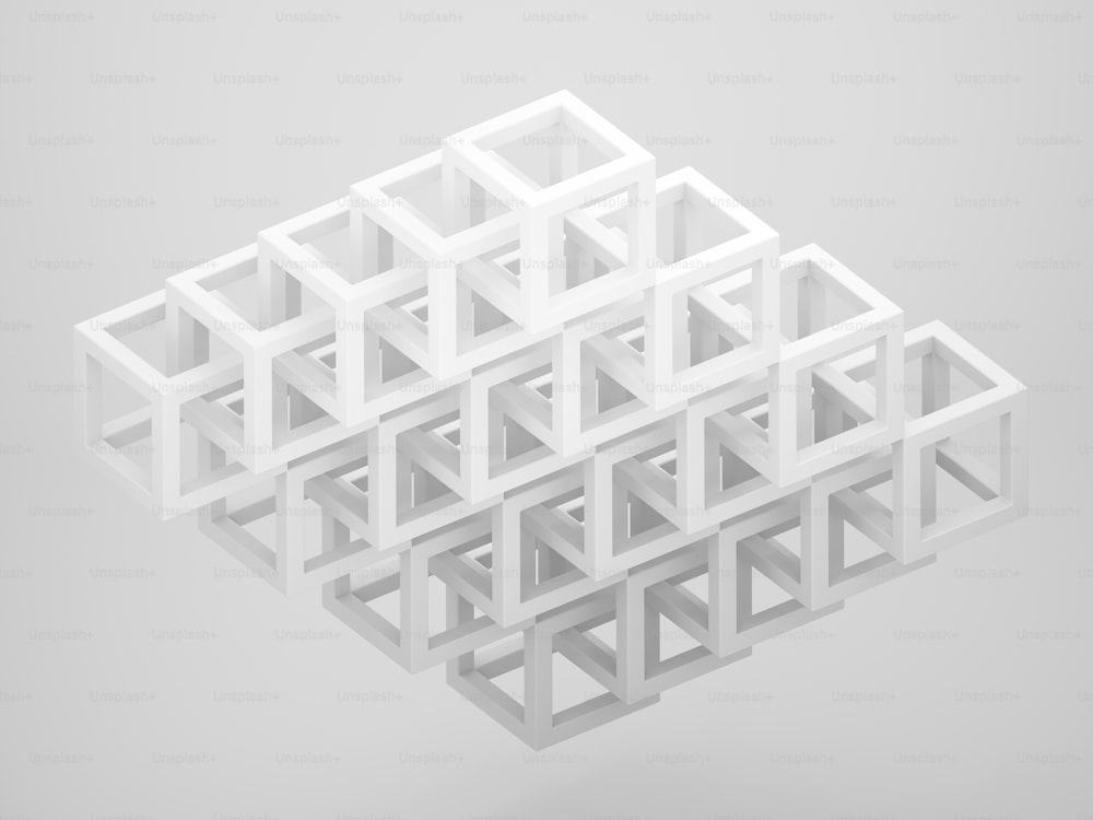 Abstrakte dreidimensionale kubische Struktur auf hellgrauem Hintergrund, isometrische Ansicht, 3D-Rendering-Illustration
