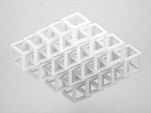Estructura cúbica tridimensional abstracta sobre fondo gris claro, vista isométrica, ilustración de representación 3D