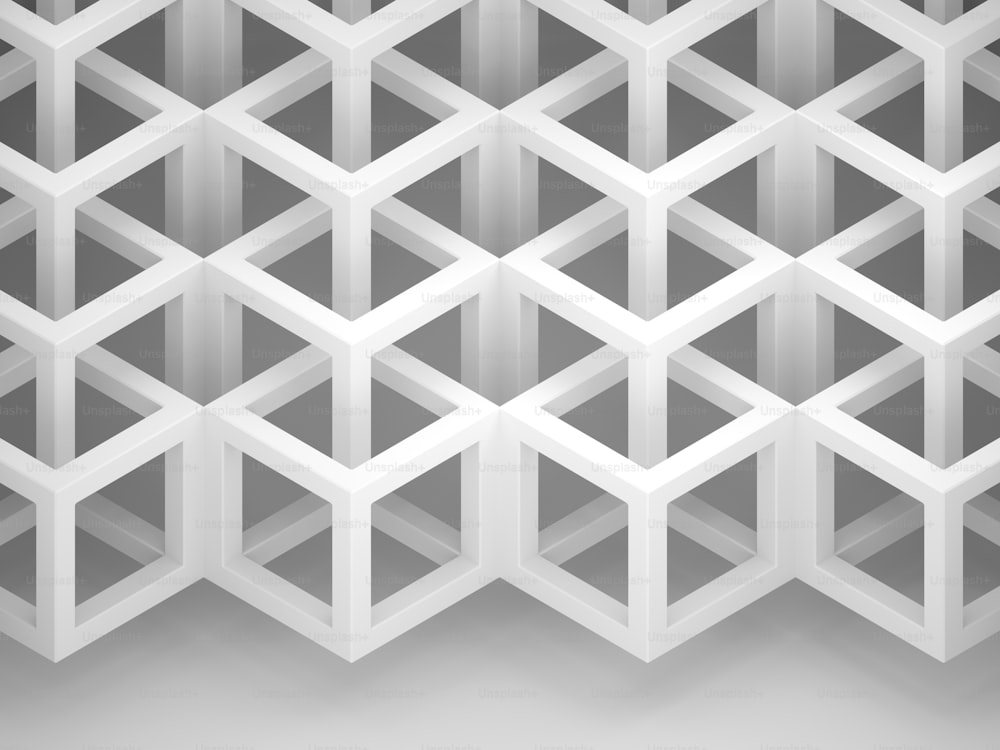 Estructura cúbica tridimensional, patrón geométrico sobre fondo gris claro con sombra suave, vista isométrica, ilustración de representación 3D