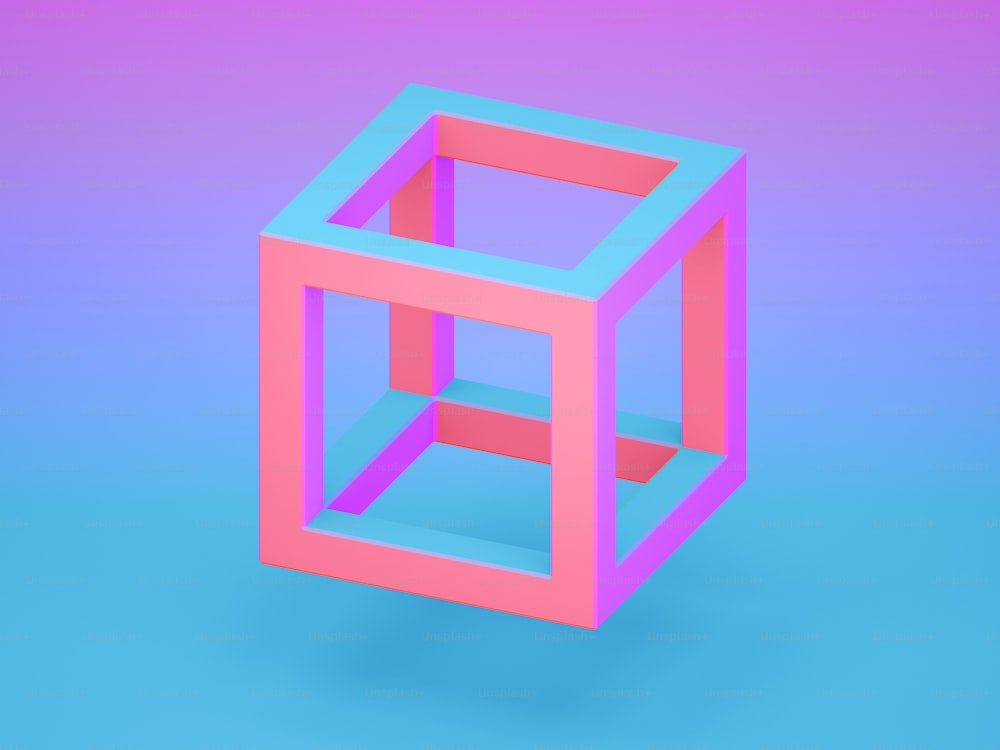 Colorful cube frame over blue pink gradient background with soft shadow, isometric view, 3d rendering illustation