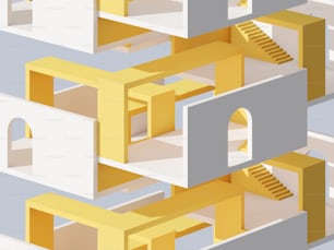 Fondo abstracto de edificio blanco amarillo con escaleras y puertas de arco vacías, vista isométrica, ilustración de representación 3D