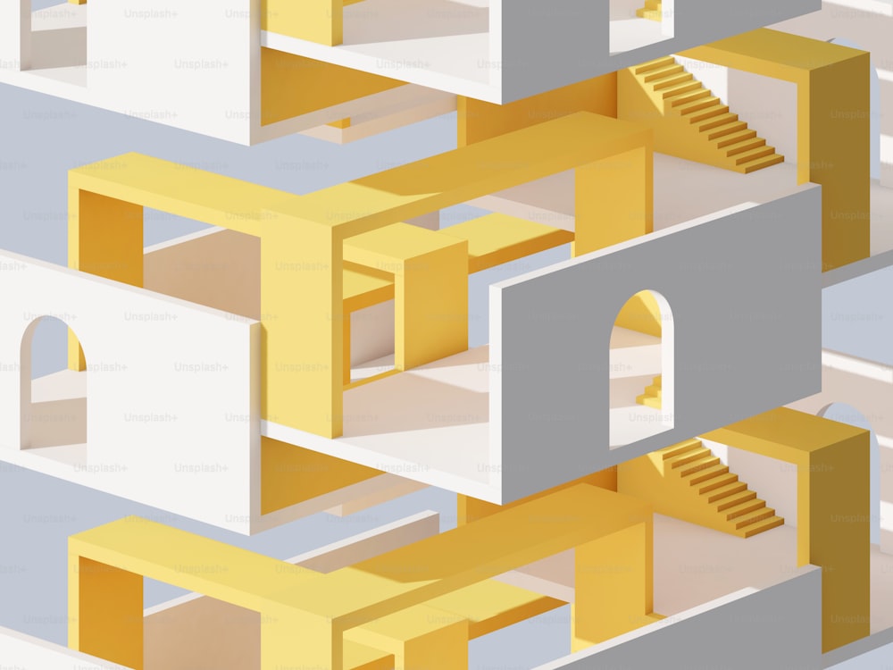 Abstract blank yellow white building background with stairways and empty arch doorways, isometric view, 3d rendering illustration