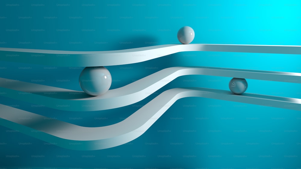 Abstract geometric background, an installation with three white spheres on curved lanes over blue wall, 3d rendering illustration