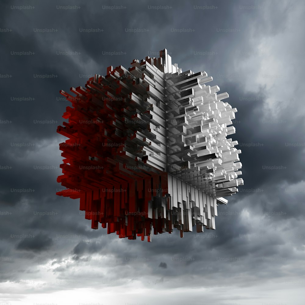 Objeto cubo volador abstracto con superficie extruida caótica sobre cielo oscuro y nublado, ilustración 3D