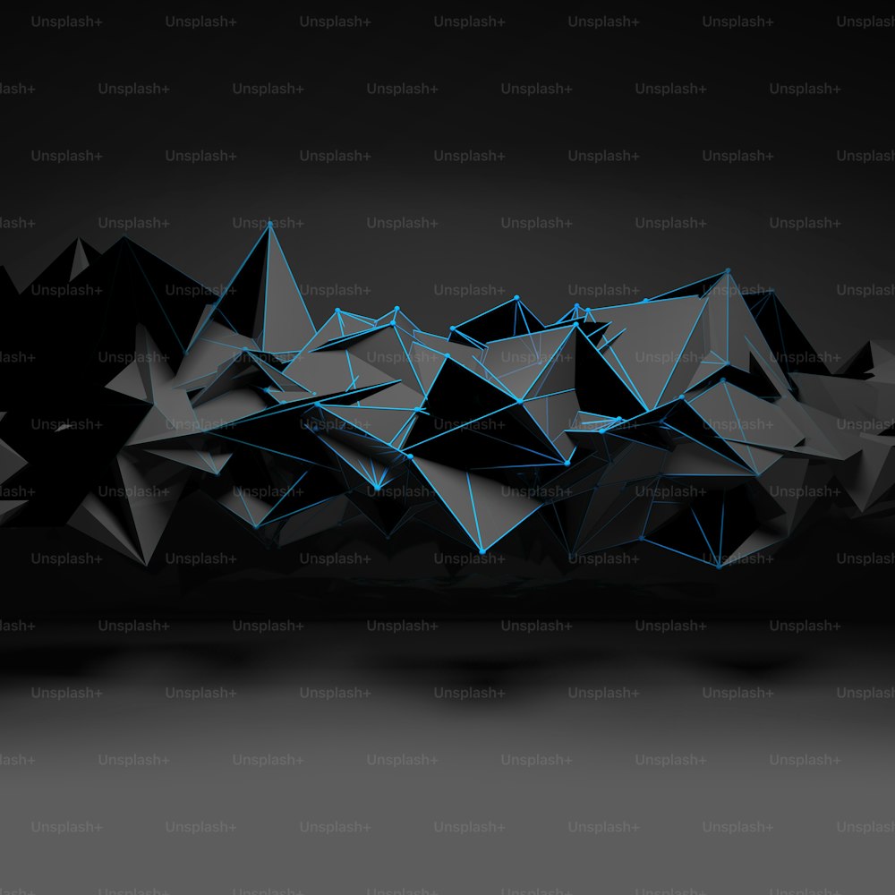 Estrutura poligonal futurista abstrata com linhas de wire-frame azuis no interior da sala escura, ilustração de renderização 3D