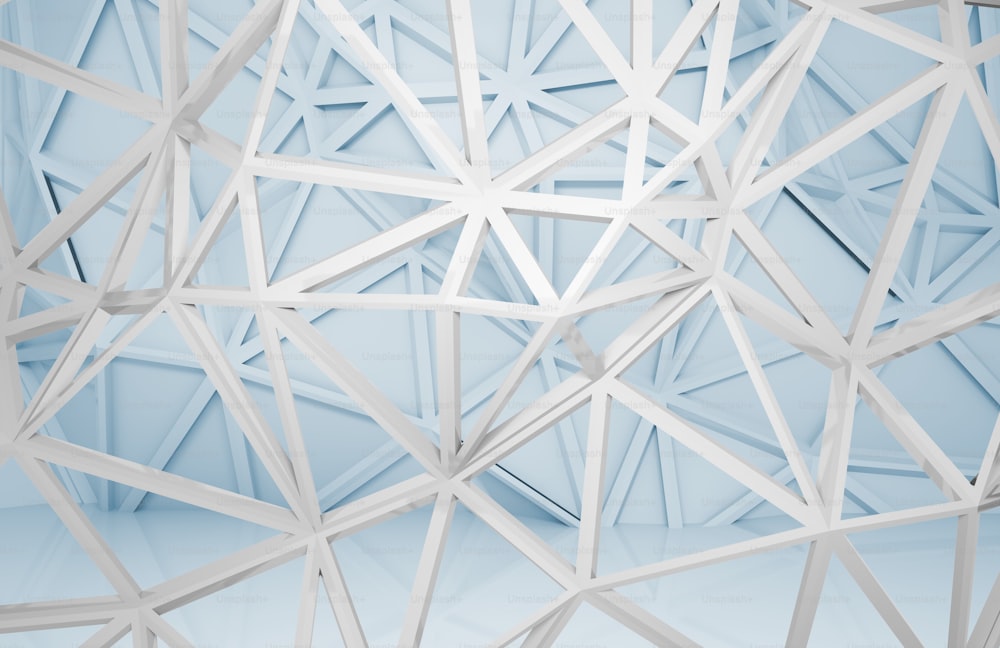 Interior abstracto de la habitación blanca y azul con caóticas construcciones de estructura de alambre 3D