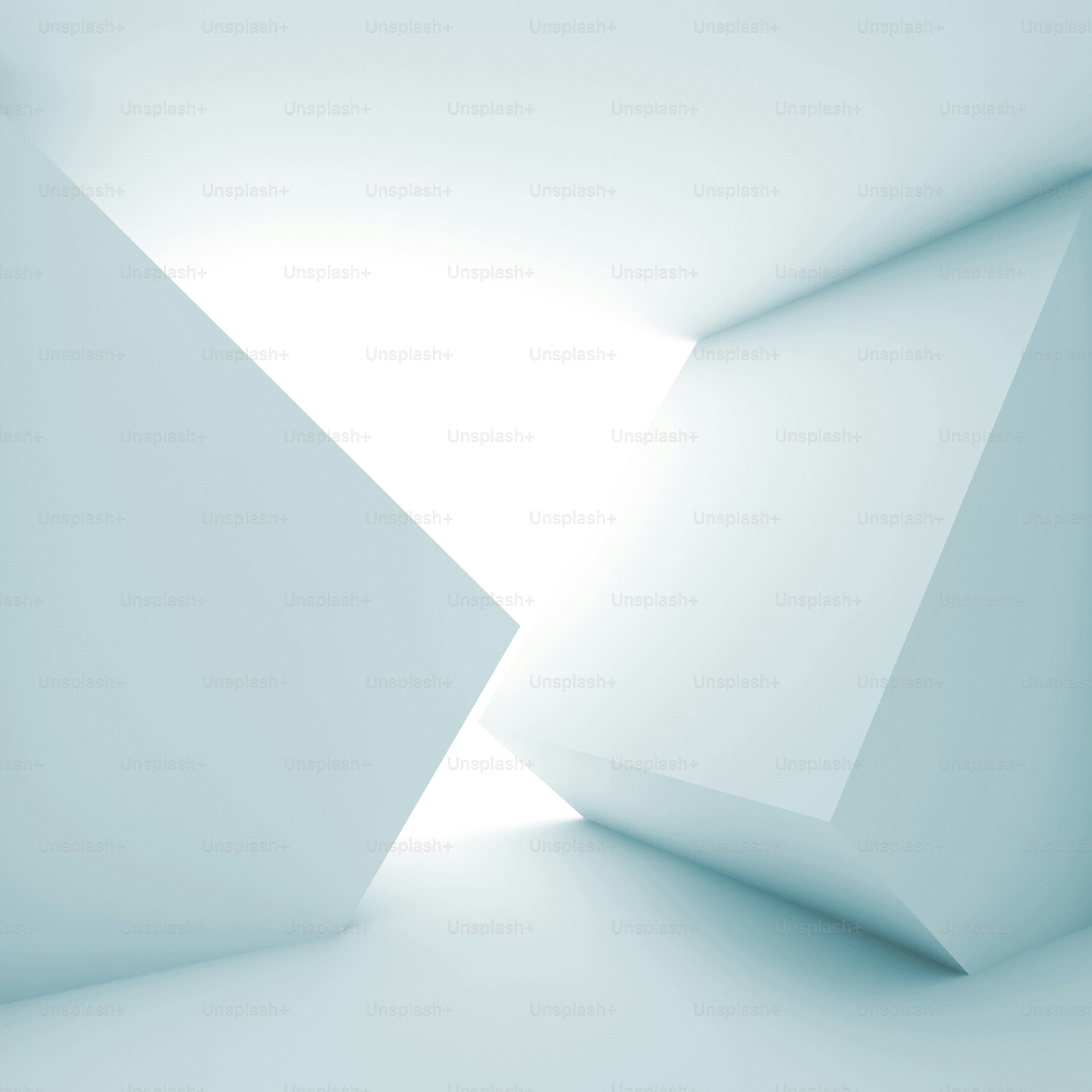 Interior abstrato da sala vazia com iluminação brilhante e instalação em forma de cubo. Ilustração 3d quadrada de tom azul