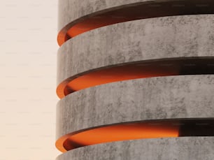 Außenansicht des Parkplatzgebäudes, abstraktes architektonisches Fragment einer spiralförmigen Rampe in der Abendsonne. 3D-Rendering-Illustration