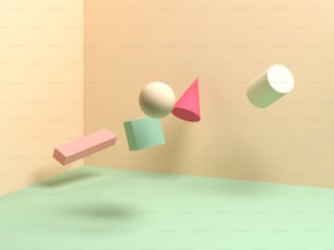 Ilustración abstracta colorida con formas geométricas primitivas levitantes. Gravedad cero, renderizado 3D
